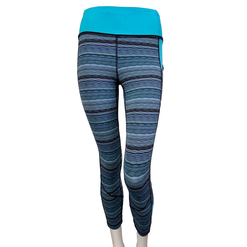Lululemon Inspire Crop 4 Blue Teal Striped Space Dye Running Leggings Pockets 23